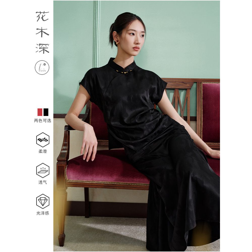 Huamu Shen 6A grade mulberry silk top new short sleeved red modified Tang suit style with Chinese stand up collar Chinese style image 2