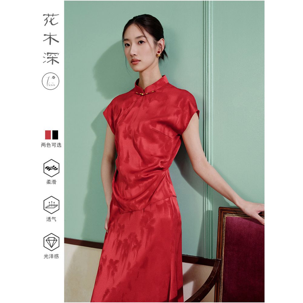 Huamu Shen 6A grade mulberry silk top new short sleeved red modified Tang suit style with Chinese stand up collar Chinese style image 3