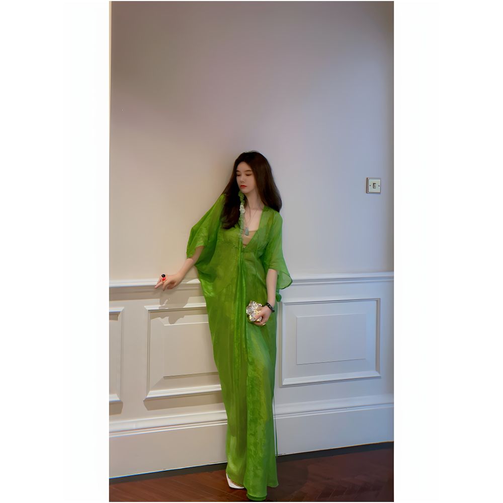yanyan 丹青 Lazy Style Romantic Green Long Dress New Summer Style Lightweight Sheer Beach Dress image 1