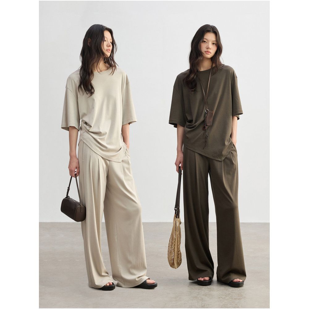 JUSLIN Bare Skin Feel Lyocell Cotton Drawstring Pleated Short Sleeve T Shirt Elastic Waist Double Pleated Floor Length Pants M0312 image 0