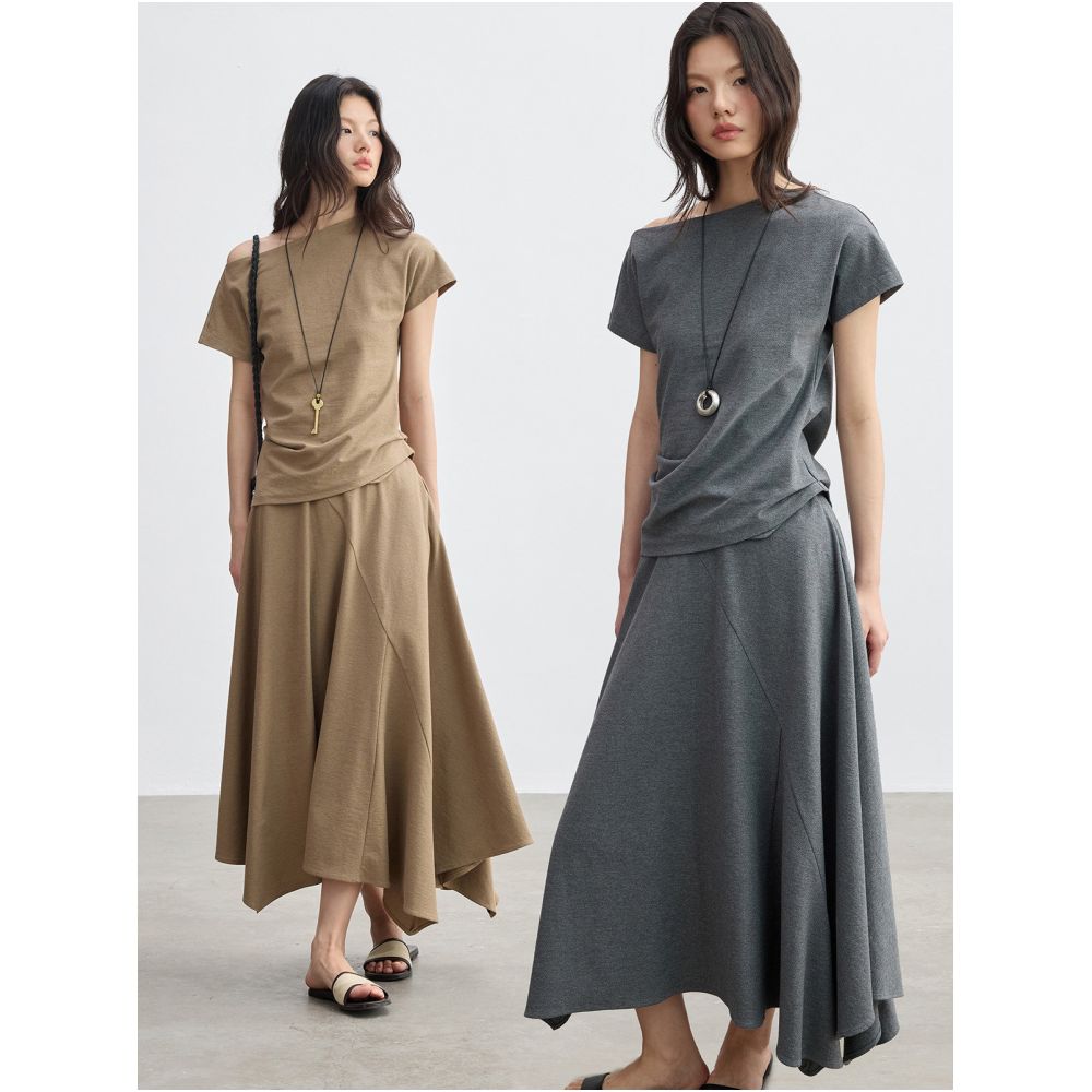 JUSLIN 100 Cotton Asymmetrical Raglan Sleeve Off Shoulder Short Sleeve Top Layered A Line Skirt Set M0401 image 0