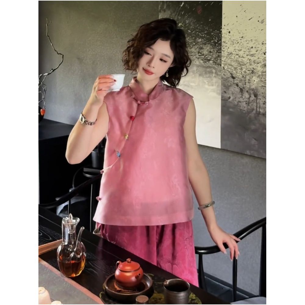 New Chinese style pink jacquard sleeveless vest shirt summer Chinese style colorful button top modified Tang suit blouse image 2