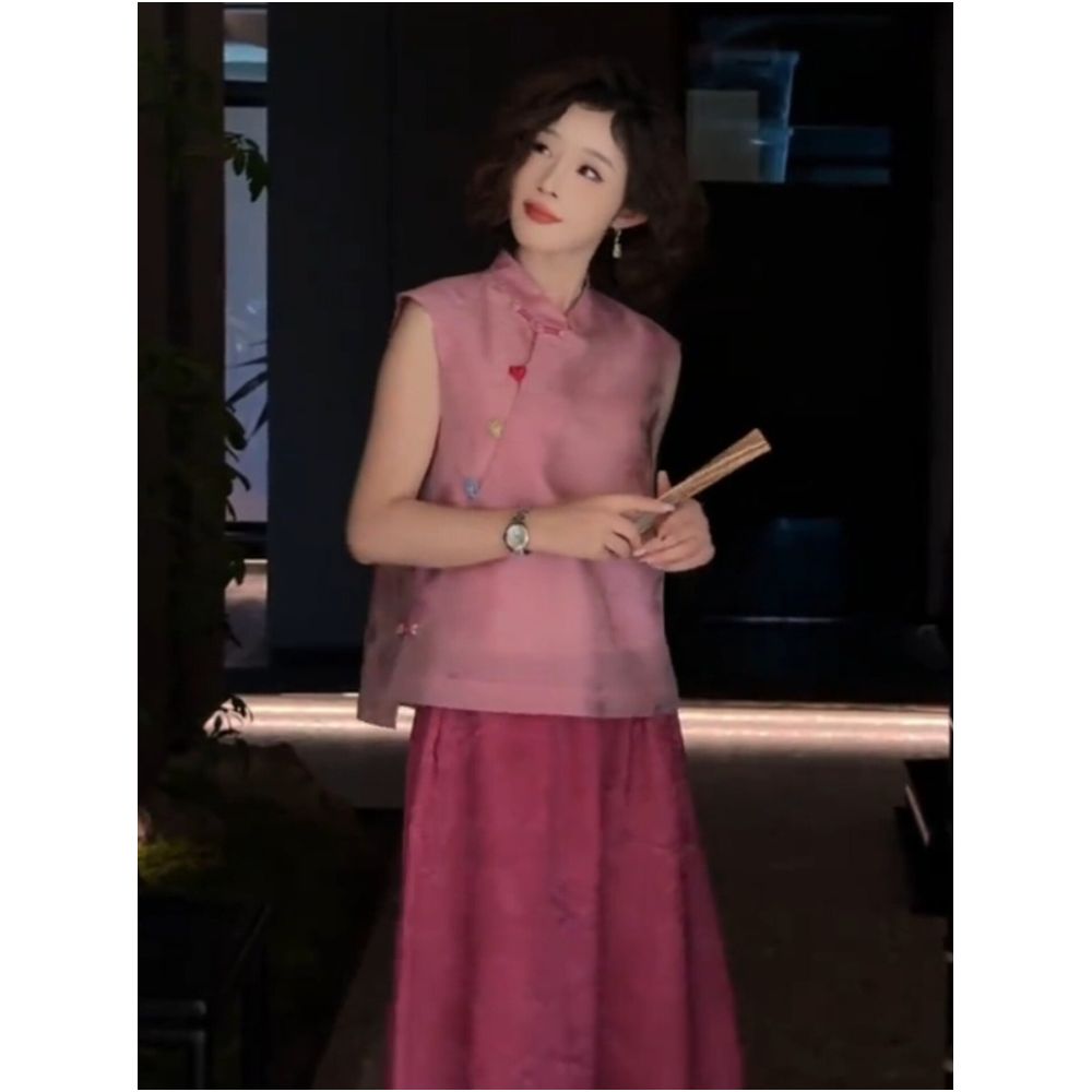 New Chinese style pink jacquard sleeveless vest shirt summer Chinese style colorful button top modified Tang suit blouse image 5