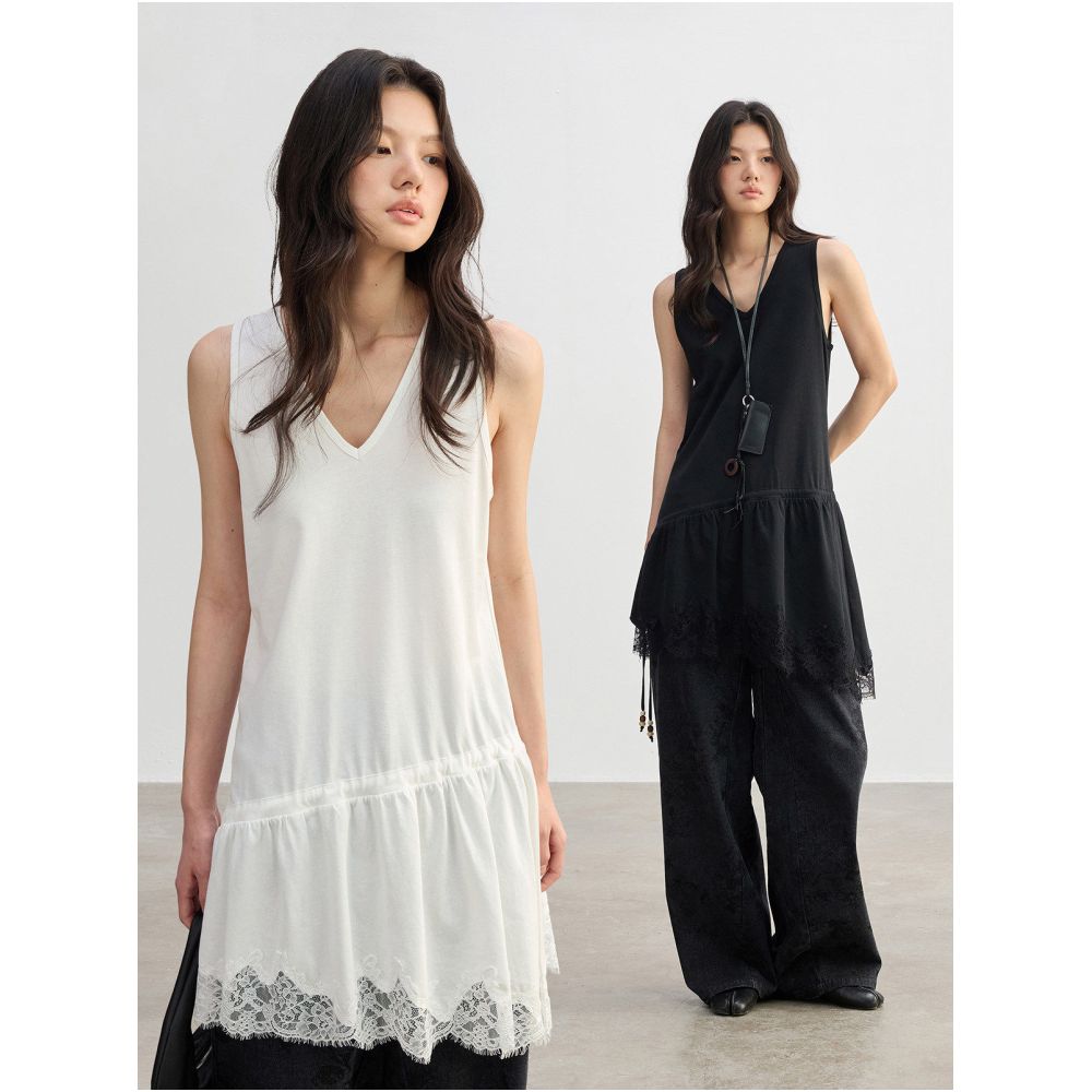 JUSLIN Heavy duty patchwork irregular lace trim beaded tie V neck sleeveless layered vest dress M0306 image 1