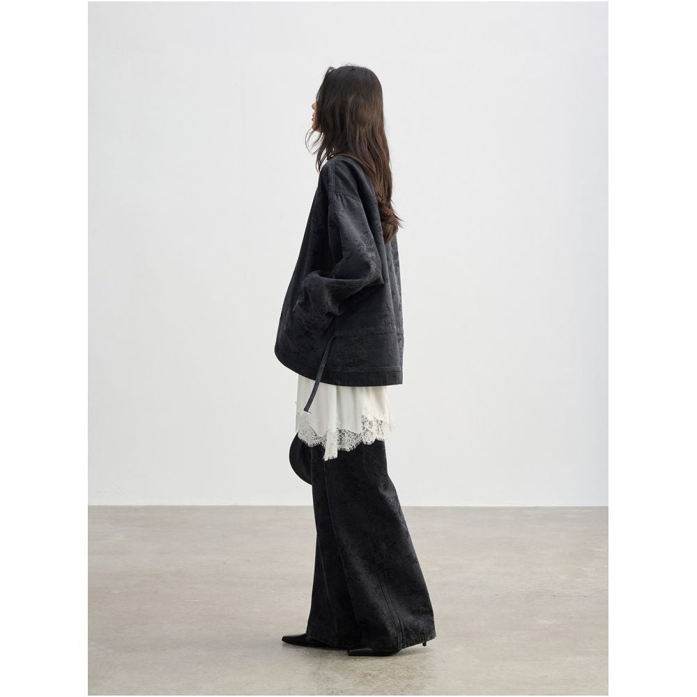 JUSLIN Vintage Washed Floral Silhouette Embossed Denim Jacket with Drawstring Waist and Batwing Sleeves M0302 image 3