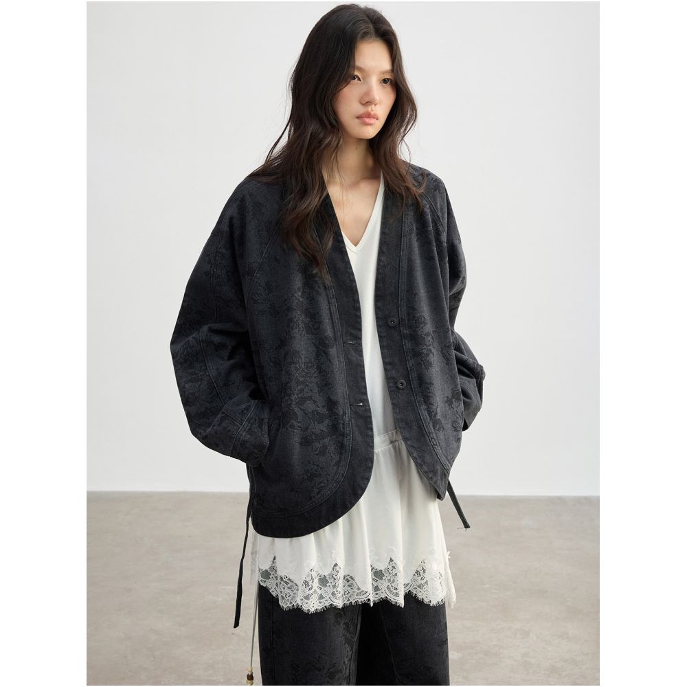 JUSLIN Vintage Washed Floral Silhouette Embossed Denim Jacket with Drawstring Waist and Batwing Sleeves M0302 image 4