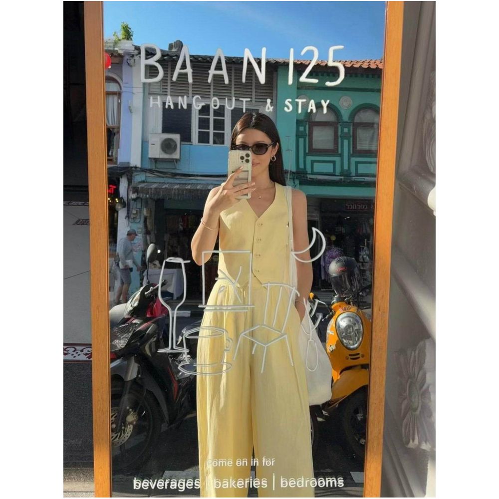 Crocs Cream Yellow Vest Set for Women Spring Summer Linen V neck Short Sleeveless Top and Casual Pants Two Piece Set image 0