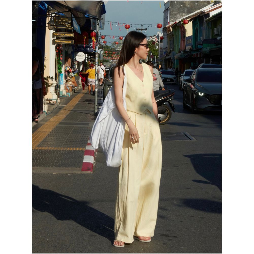 Crocs Cream Yellow Vest Set for Women Spring Summer Linen V neck Short Sleeveless Top and Casual Pants Two Piece Set image 4
