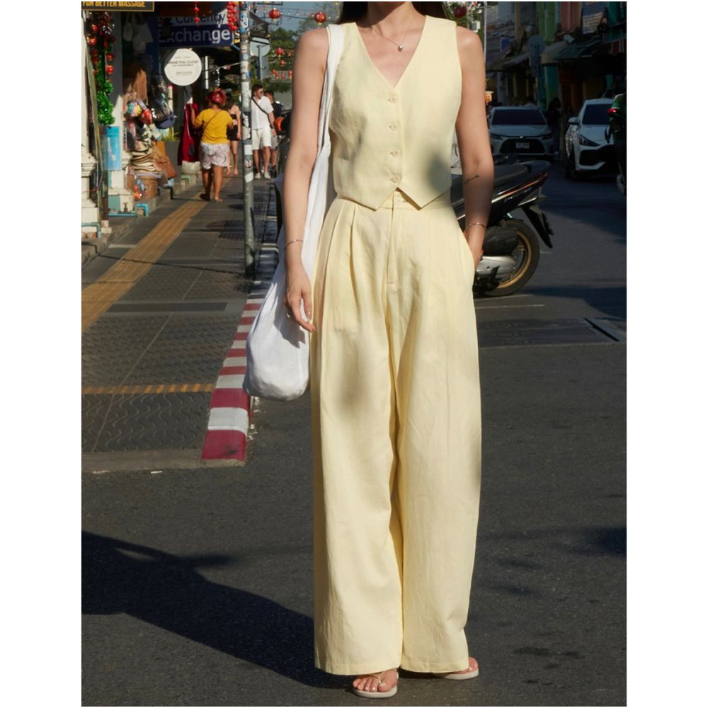 ASAYA6601 – Buttercream Linen Vest Set 🍋✨