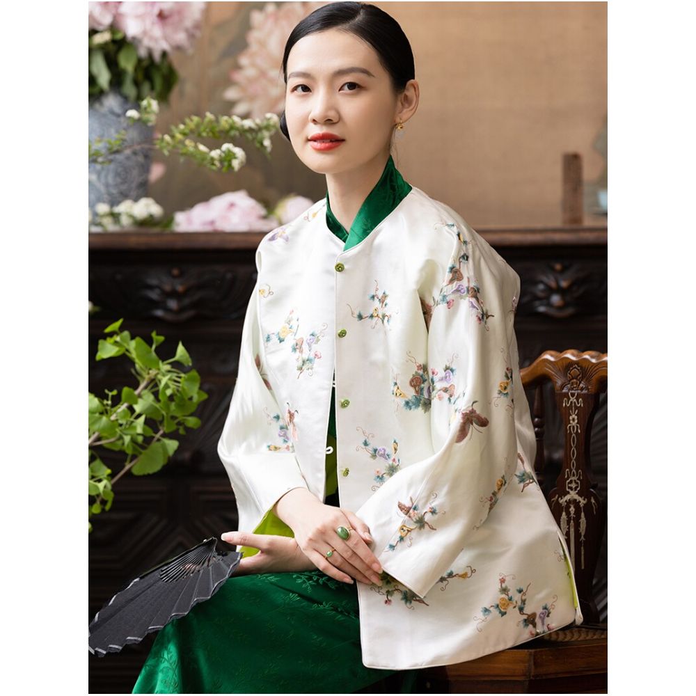Our signature item CPP1249 Plain Satin Gourd Embroidery New Chinese Style Round Neck Retro Blouse Embroidered Jacket for Spring and Autumn image 2