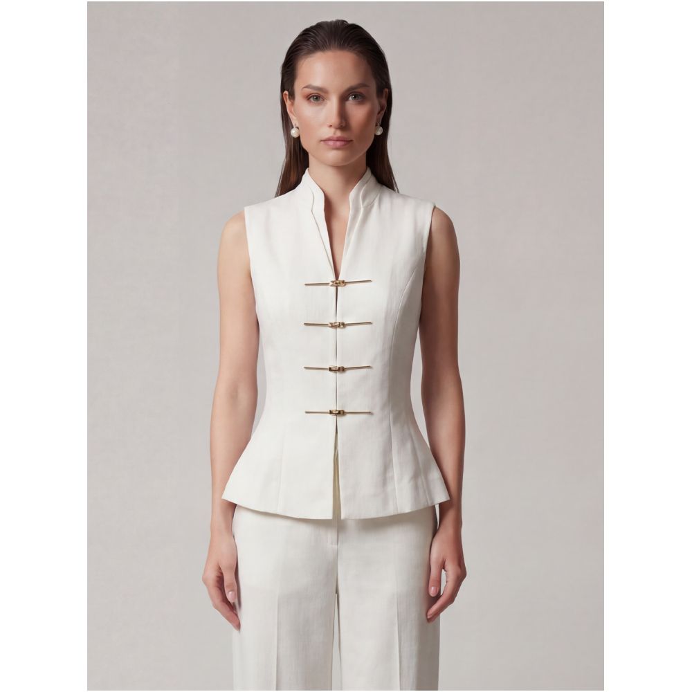 BRAND BY MEI New Chinese Style Metal Fold Button Stand Collar Sleeveless Top Retro High End Vest image 0