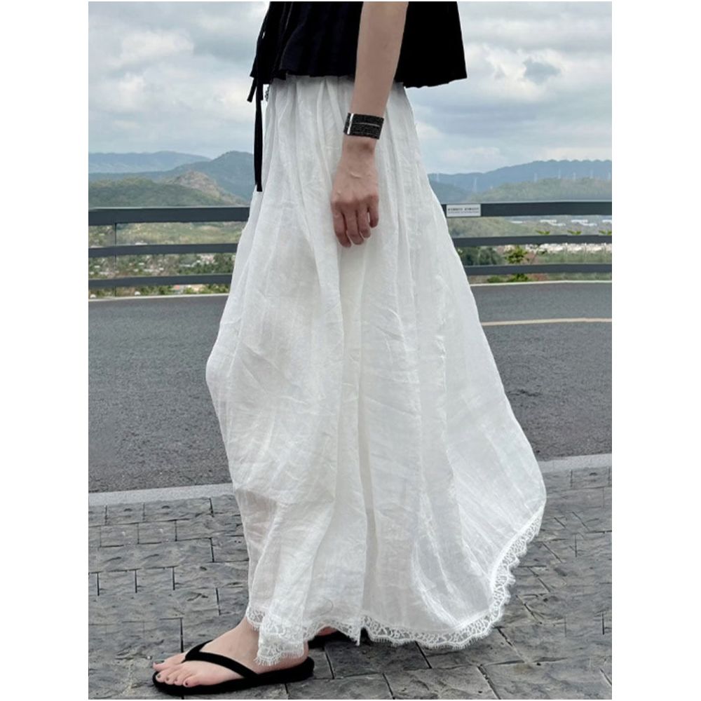 White linen midi skirt with lace trim new summer 2025 style loose fit breathable comfortable versatile full skirt image 1