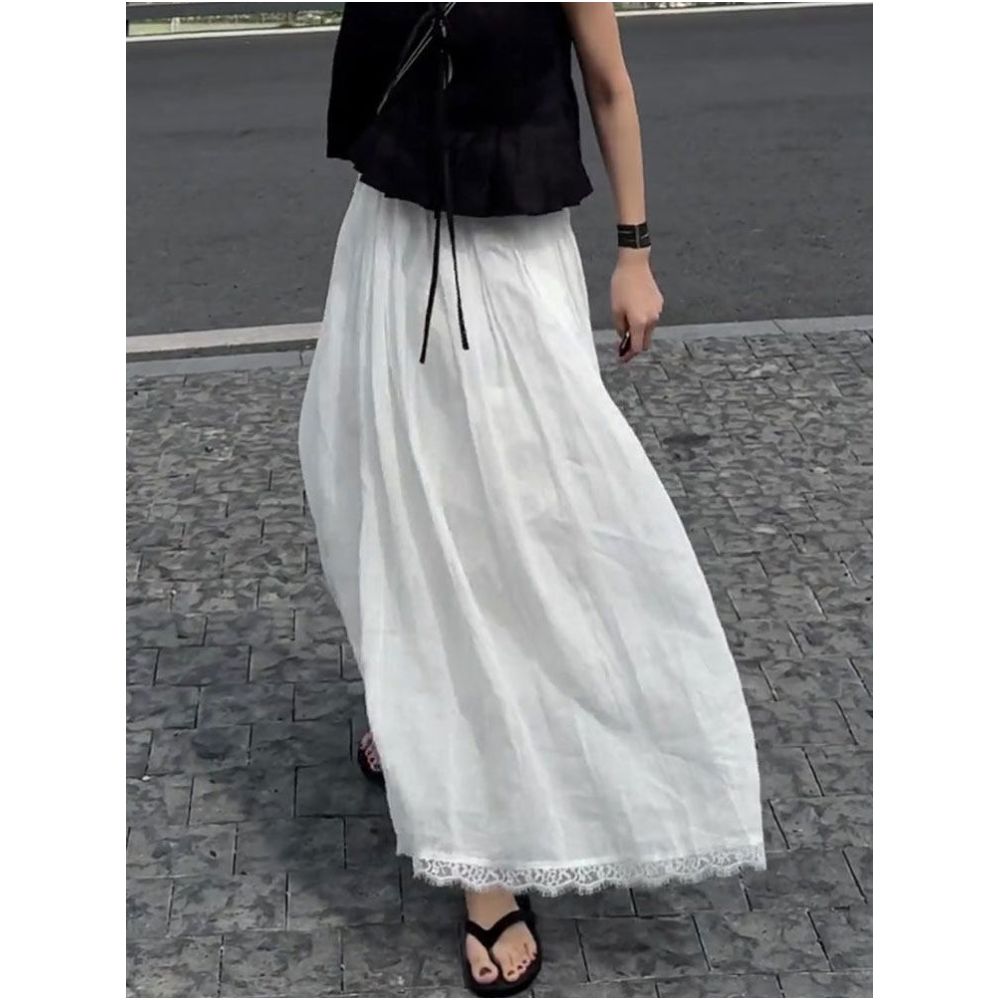White linen midi skirt with lace trim new summer 2025 style loose fit breathable comfortable versatile full skirt image 3