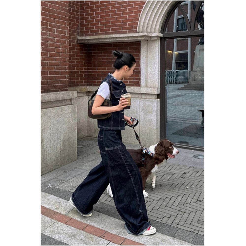 Hong Kong style mature women s suit spring and summer minimalist casual outfit denim vest slimming wide leg pants two piece set trendy image 1