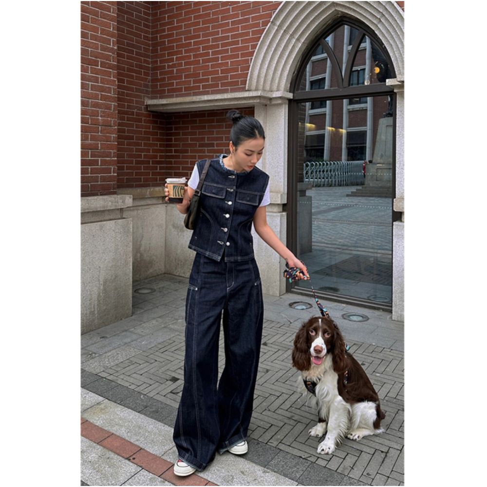 Hong Kong style mature women s suit spring and summer minimalist casual outfit denim vest slimming wide leg pants two piece set trendy image 2