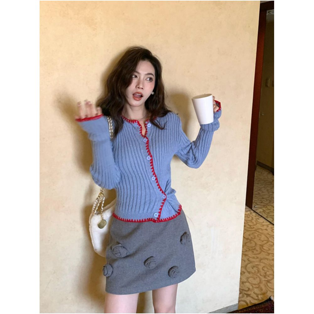 LIHEYU Autumn Winter New Color Block Lace Striped Knit Sweater for Women Korean Style Irregular Side Button image 2