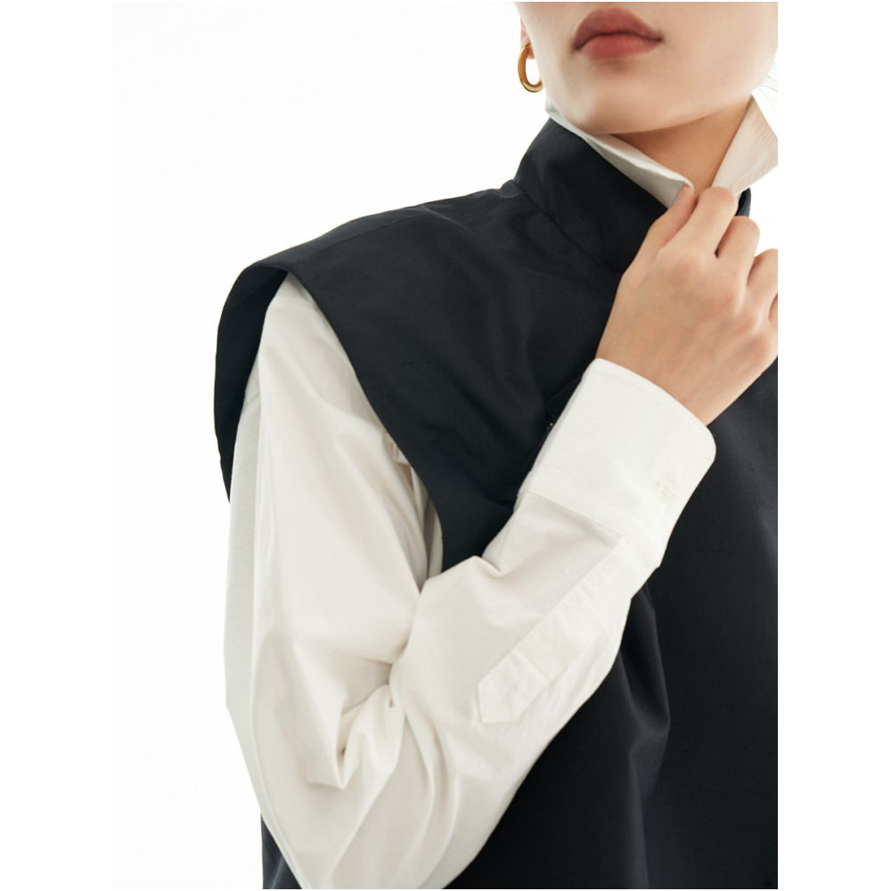 New Chinese style double layered silk stand up collar vest for women autumn outerwear slanted placket concealed button black sleeveless top image 2