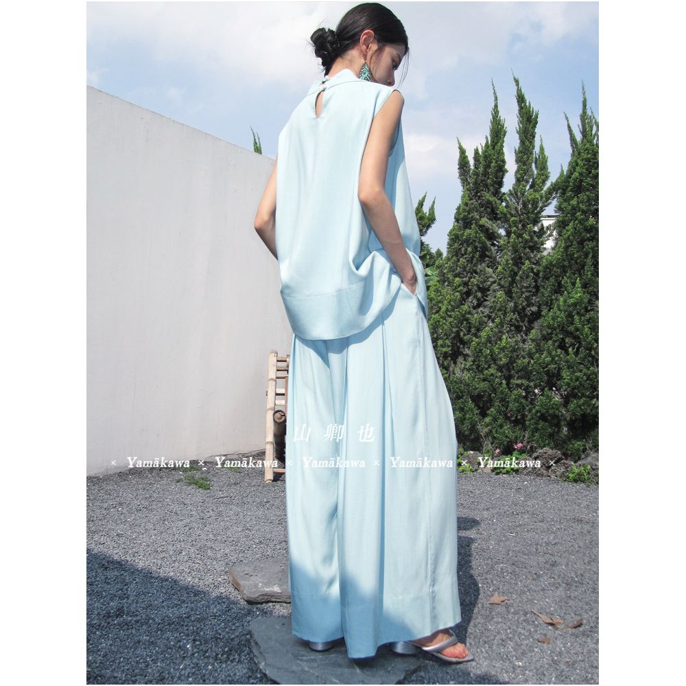 Yamakaawa Distant Mountain Blue Mist Pine New Chinese Style Embroidered Mist Blue Sleeveless Stand Collar Wide Leg Pants Set image 4