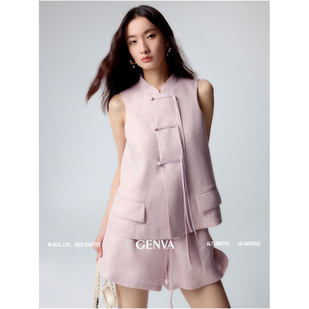 MR99 Yue Ran Ding Ge New Chinese Style Flowing Gold Linen Jade Ribbon and Chinese Knot Vest and Shorts Set image 1