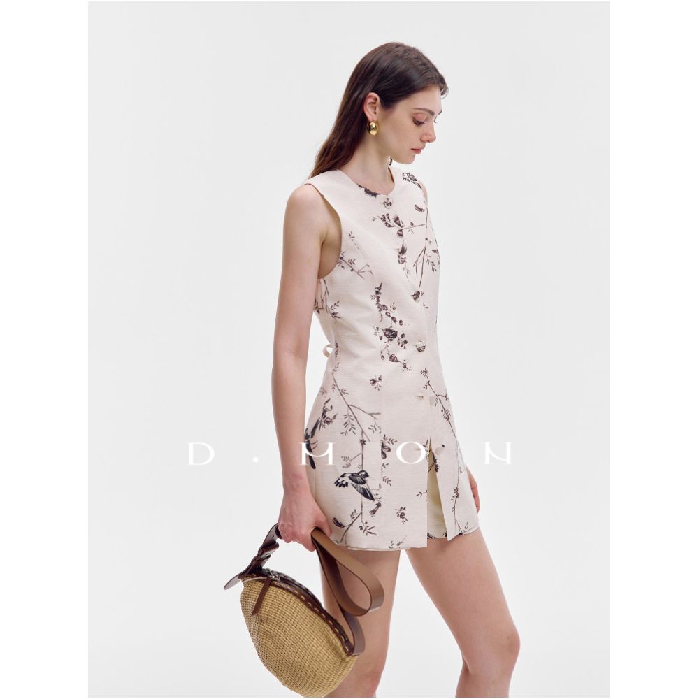 DMON Exclusive Original Hundred Birds Paying Homage to the Phoenix Print Customized High End Silk Linen Vest and Shorts Set image 0