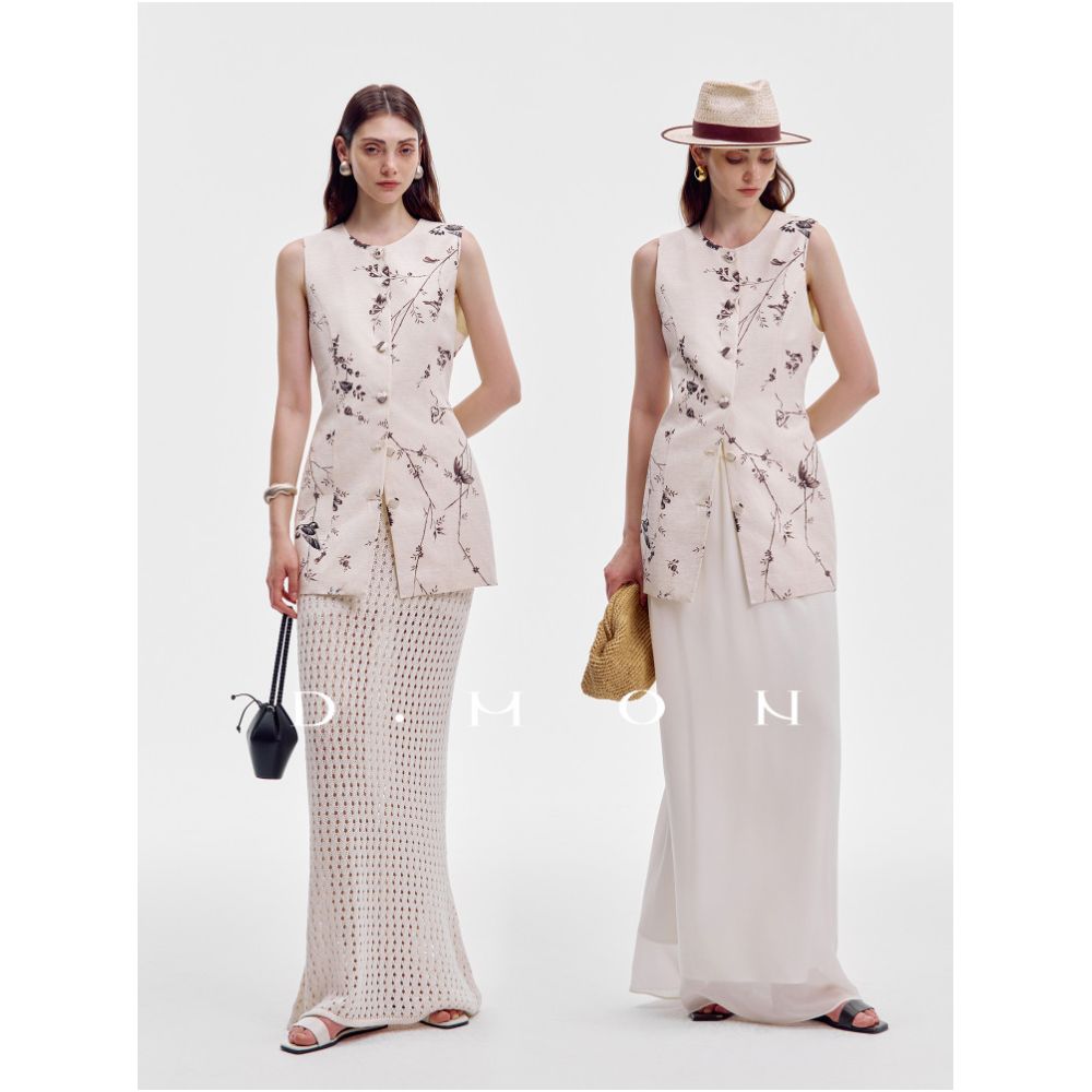 DMON Exclusive Original Hundred Birds Paying Homage to the Phoenix Print Customized High End Silk Linen Vest and Shorts Set image 3
