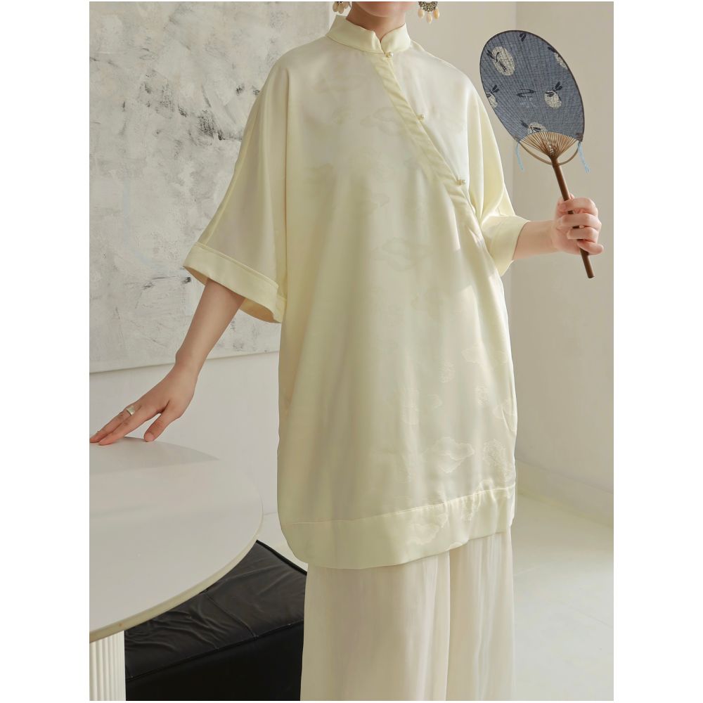 TAORAN Women s Chinese Style Stand Collar Short Sleeve Top with Loose Fit and Beaded Buttons Modified Cheongsam Style Zen Inspired Everyday Top image 3