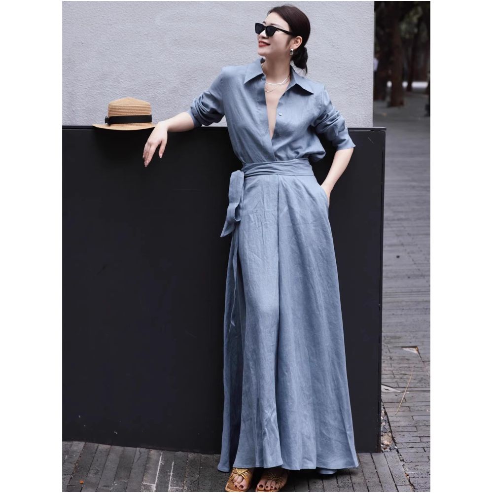 ZEROYK Old Money Style Fashion Set Simple and Elegant Linen Shirt with Tie Waist Skirt Relaxed Two Piece Set image 0
