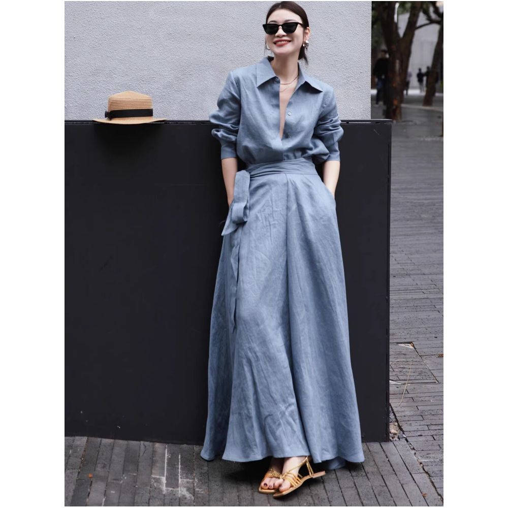 ZEROYK Old Money Style Fashion Set Simple and Elegant Linen Shirt with Tie Waist Skirt Relaxed Two Piece Set image 3