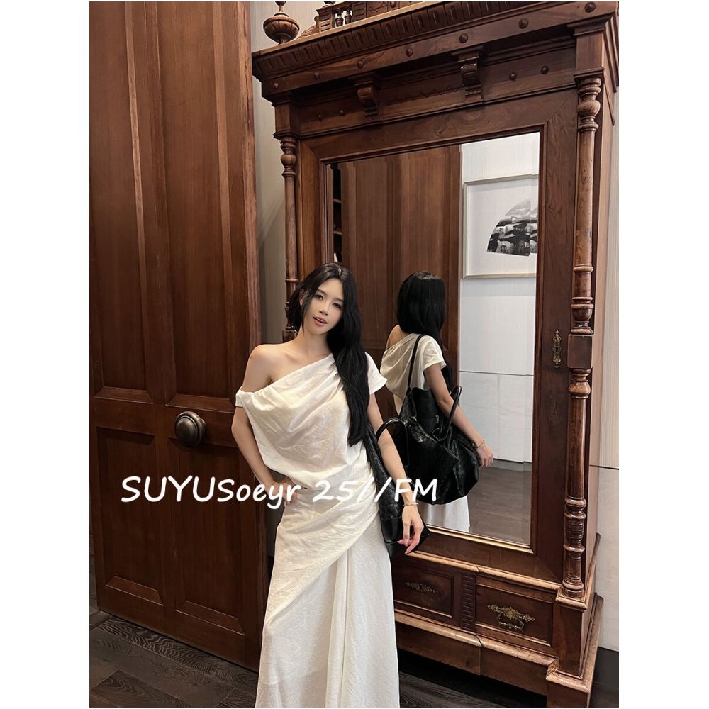 Soeyr Wabi sabi style Tencel off shoulder knotted top and slightly A line skirt set for women summer image 3