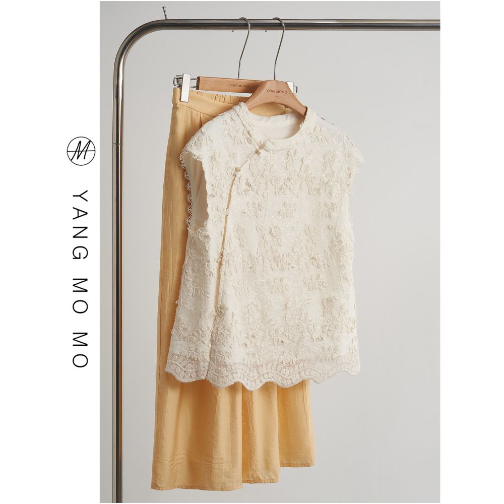 New Chinese style national style gentle temperament heavy industry sequin embroidery lace shirt vest top set women s summer new style image 0