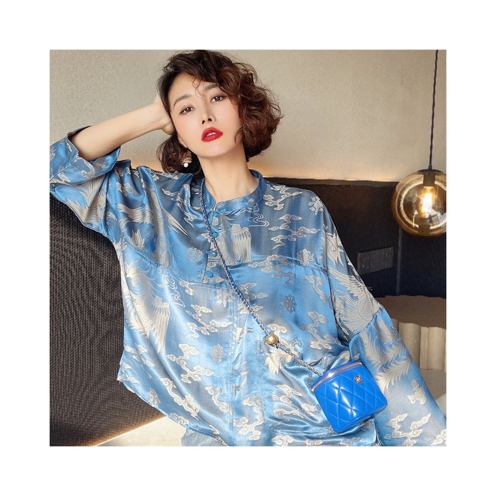 Stunning Heavyweight Blue and Gold Phoenix Jacquard Silk Shirt for Women Retro Style Modernized Chinese Style Oversized Top H2189 image 0