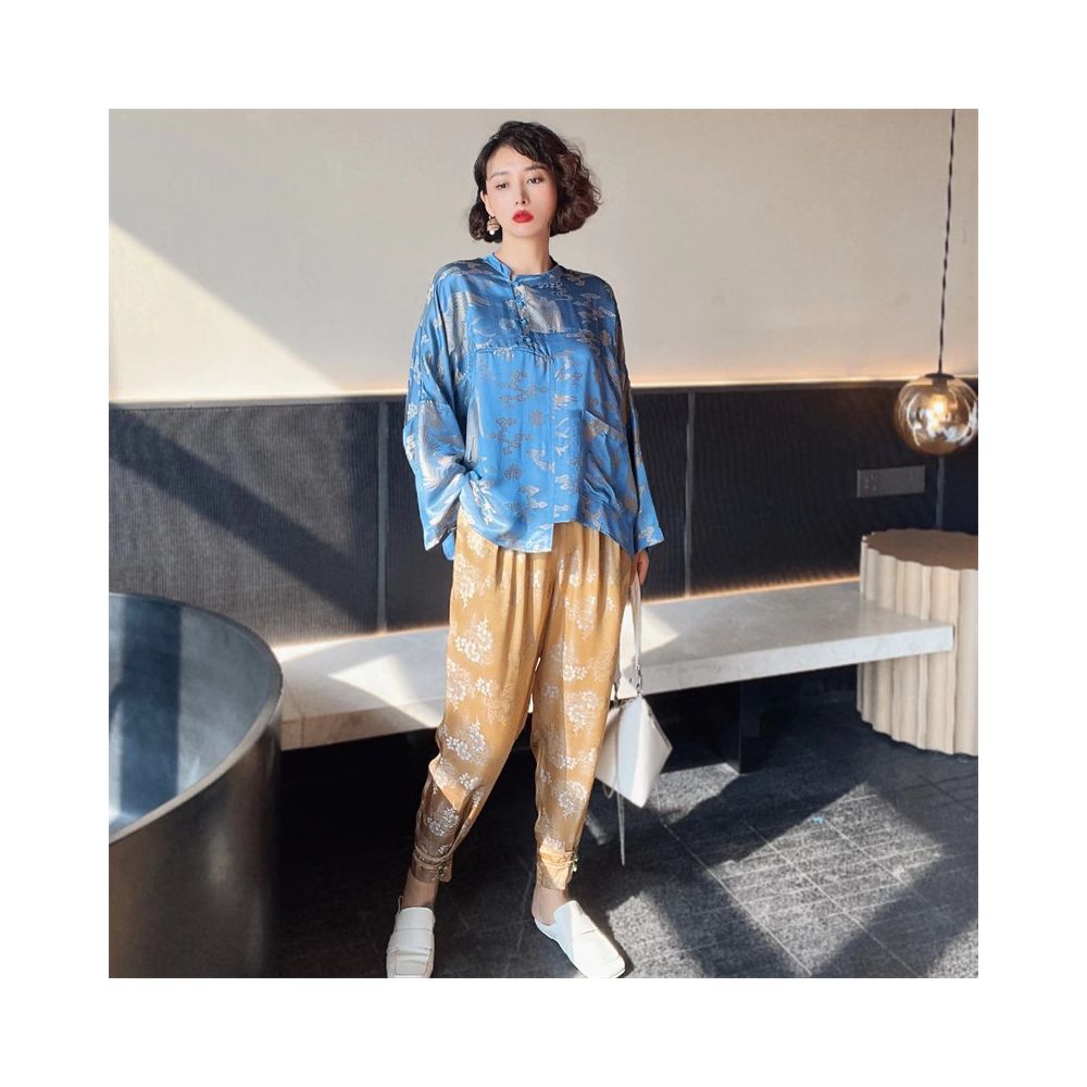 Stunning Heavyweight Blue and Gold Phoenix Jacquard Silk Shirt for Women Retro Style Modernized Chinese Style Oversized Top H2189 image 2