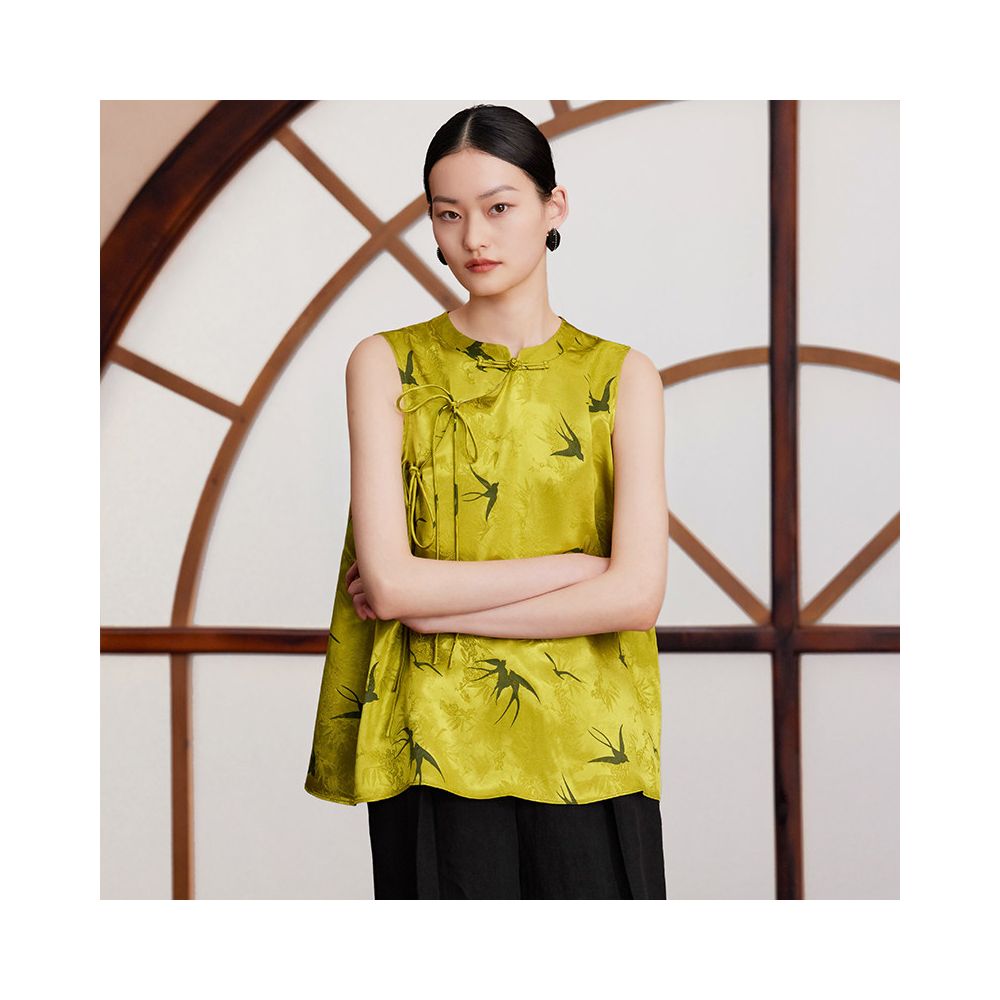 Ruyi Lianyun summer outfit new standing collar slanted collar lace up sleeveless shirt women s new Chinese style retro jacquard top image 3