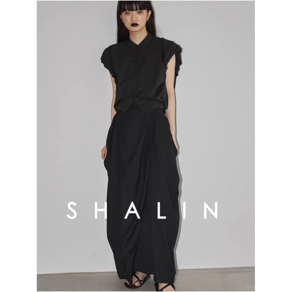 Yamanashi Shalin designer temperament niche Japanese retro irregular pleated skirt black long skirt image 3