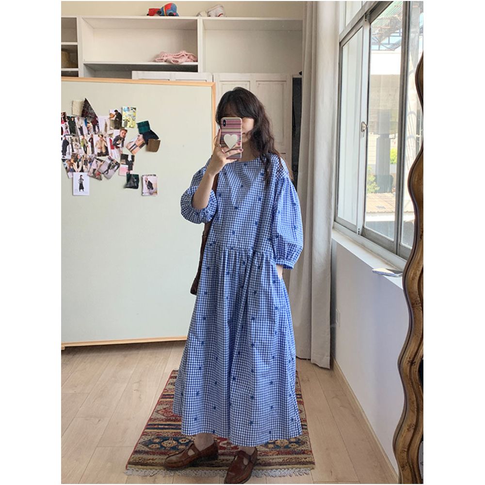 Lazy s Comfortable Clothing Blue Checkered Loose Dress Long Skirt for Women image 1