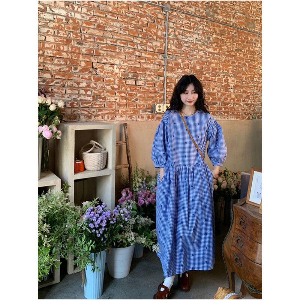Lazy s Comfortable Clothing Blue Checkered Loose Dress Long Skirt for Women image 2
