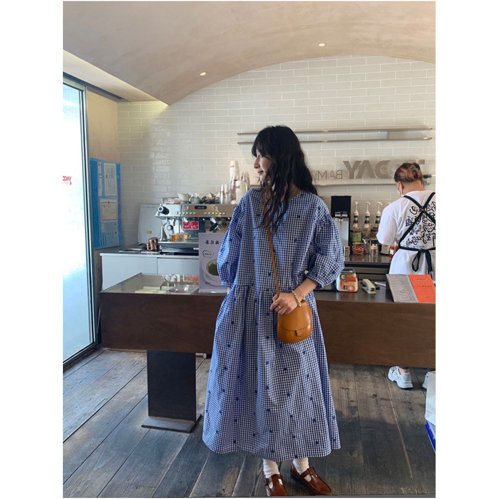 Lazy s Comfortable Clothing Blue Checkered Loose Dress Long Skirt for Women image 4