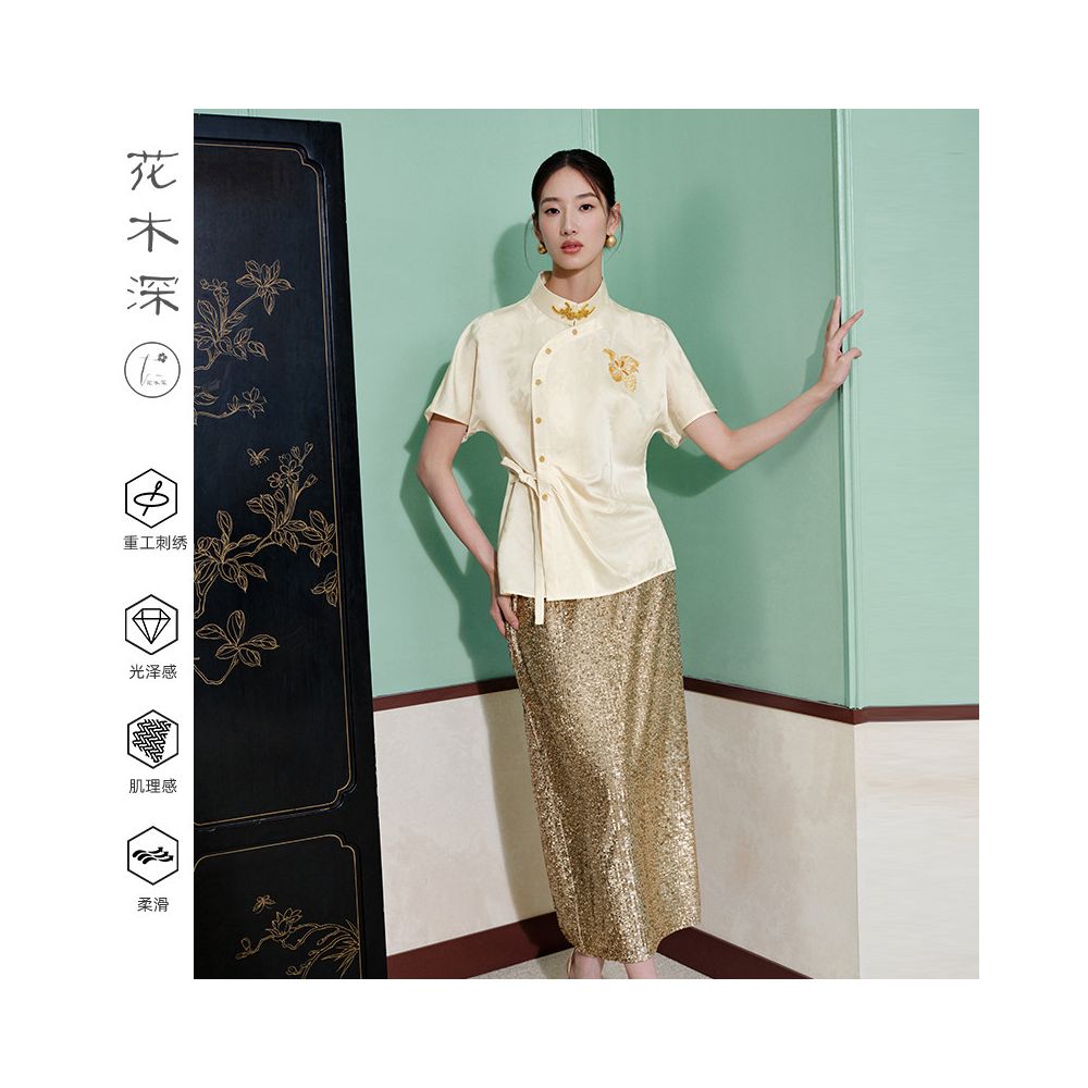 Flower and Tree Deep Embroidery White Shirt Short Sleeve Women s New Improved Hanfu Handmade Su Embroidery Shirt Stand Collar New Chinese Top image 5