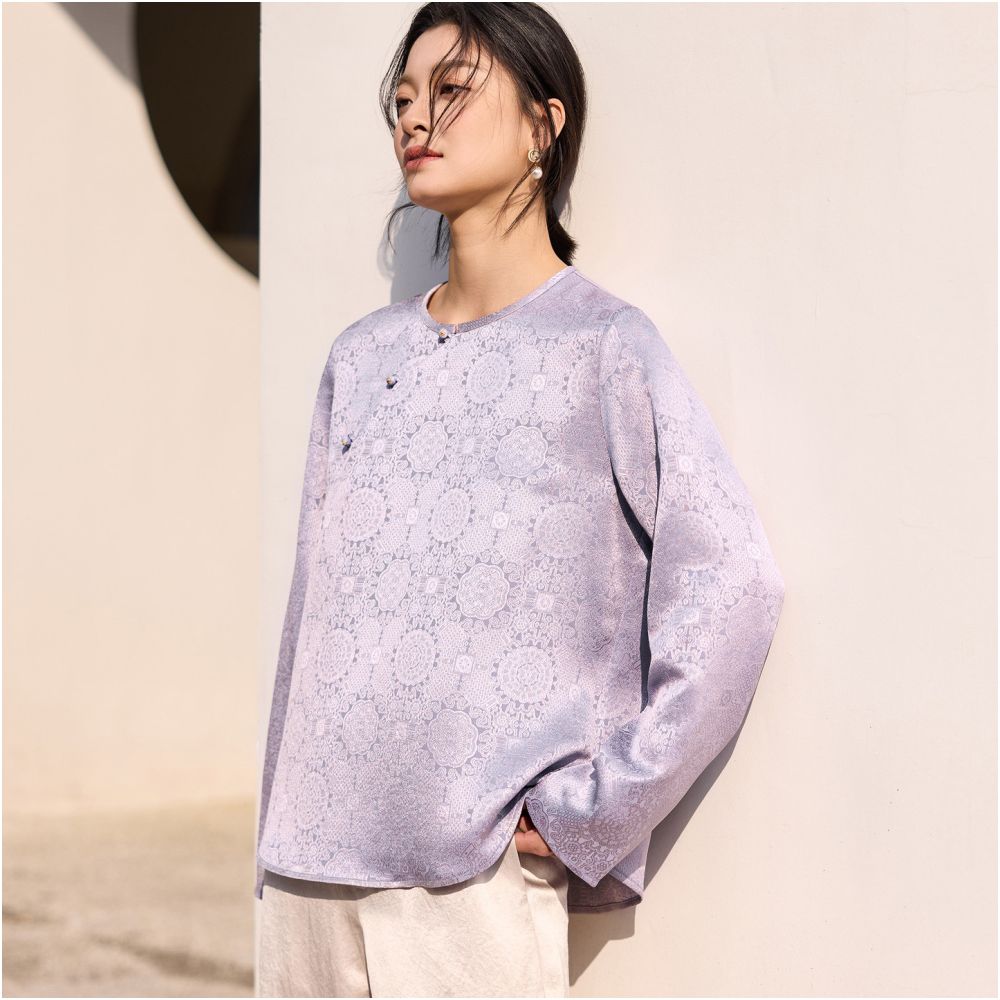 Phietang New Chinese Retro Improved Shirt Chinese Style Acetate Jacquard Satin Slanted Collar Round Collar Jacket Women s Hoodie image 1