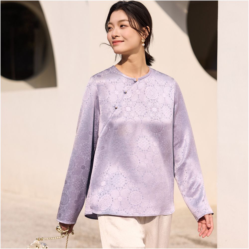 Phietang New Chinese Retro Improved Shirt Chinese Style Acetate Jacquard Satin Slanted Collar Round Collar Jacket Women s Hoodie image 2