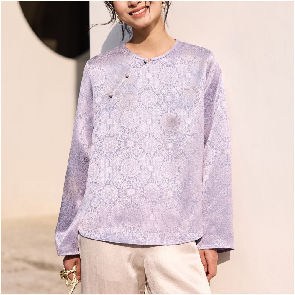 Phietang New Chinese Retro Improved Shirt Chinese Style Acetate Jacquard Satin Slanted Collar Round Collar Jacket Women s Hoodie image 3