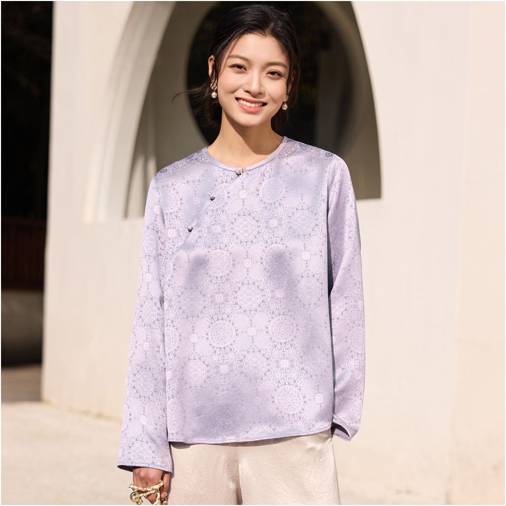 Phietang New Chinese Retro Improved Shirt Chinese Style Acetate Jacquard Satin Slanted Collar Round Collar Jacket Women s Hoodie image 4
