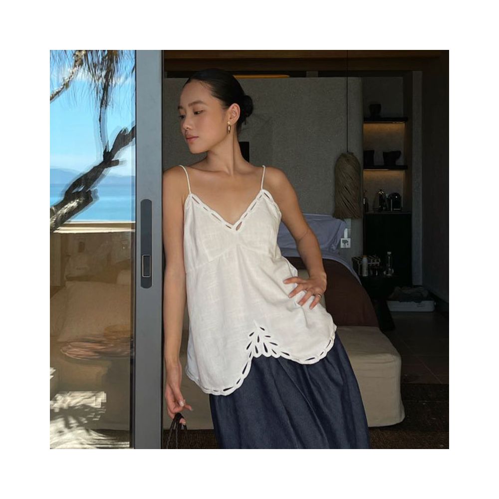 PURITY YH Minimalist French Cool and Dry Linen Heavy duty Hollow Embroidery Vacation Loose silhouette Strap Top image 0