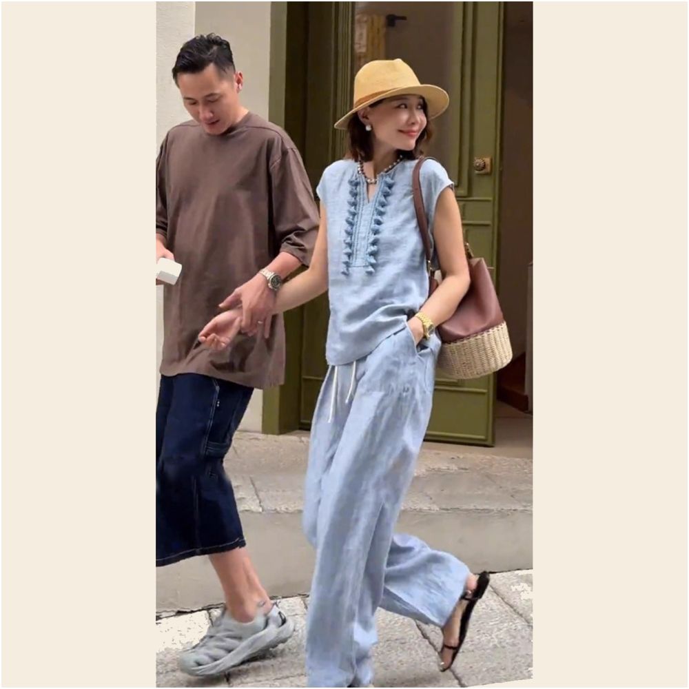 Cold and aloof outfit a set of commuting super beautiful blue shoulder short sleeved shirt with fungus edge wide leg pants set image 0