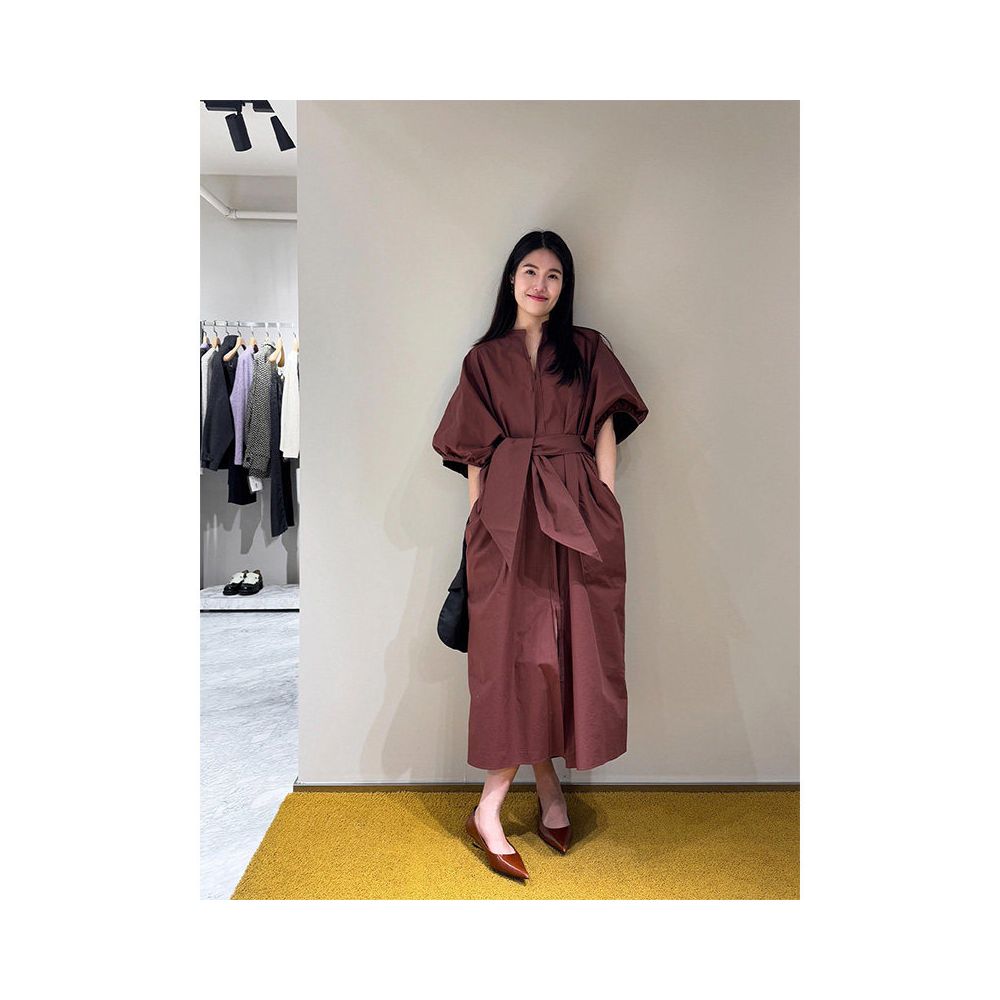French retro red belted waist puff sleeve shirt dress old money style commuter temperament V neck dress early autumn image 1