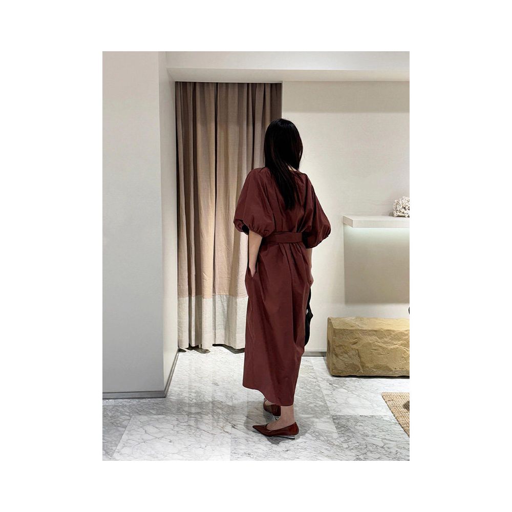 French retro red belted waist puff sleeve shirt dress old money style commuter temperament V neck dress early autumn image 5