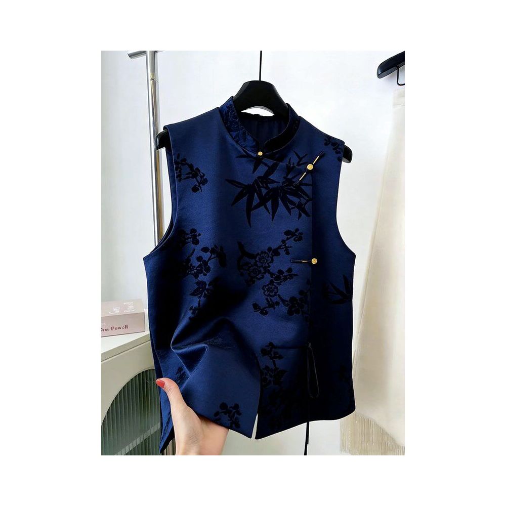 New Chinese style retro stand up collar sleeveless vest women s blue buckle temperament high end jacket for spring 2026 image 0
