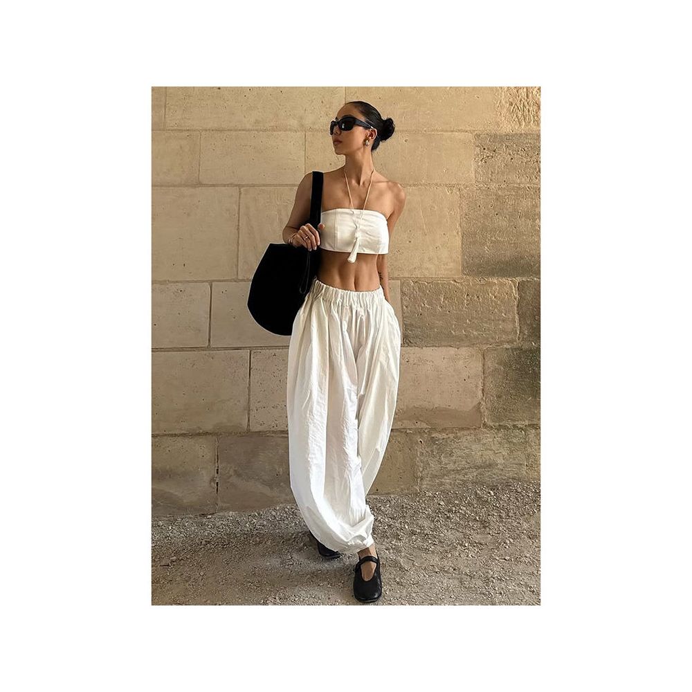 American retro white casual pants for women new autumn style high waisted slimming simple loose wide leg pants lantern pants image 0