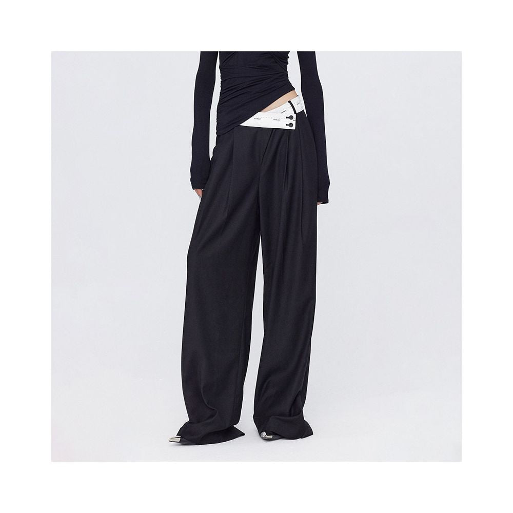 Ourhour slanted turned up waist black and gray pleated wide leg suit pants women s spring and autumn design floor length trousers image 1