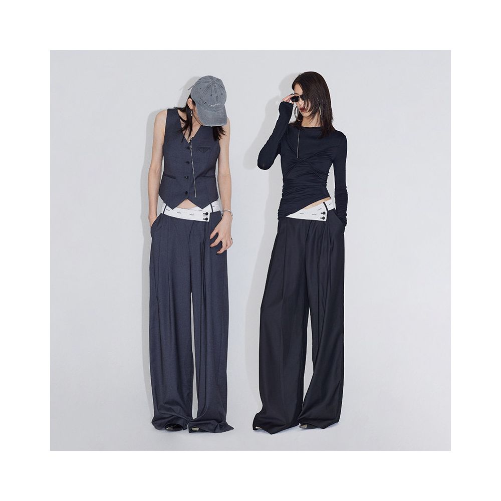 Ourhour slanted turned up waist black and gray pleated wide leg suit pants women s spring and autumn design floor length trousers image 3